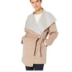 Daily Ritual | Wool Blend Convertible Tan Grey Double Face Belted Coat Small